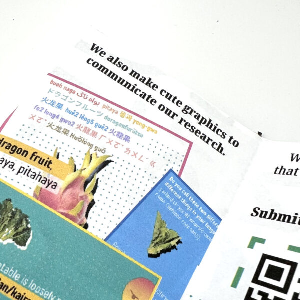 A detail shot of the zine, focusing on a page that shows samples of social media posts from the project