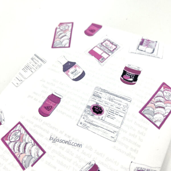 A close up of the back cover of the zine showing the drawings of food packaging