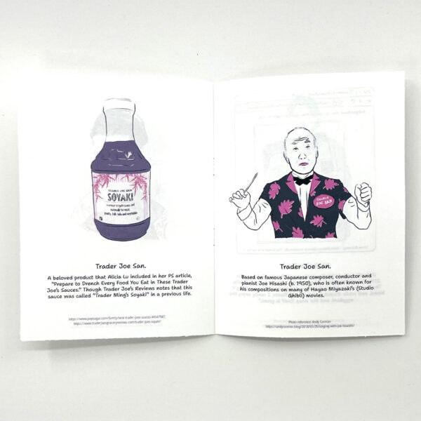A two-page spread from the zine showing a jar of Trader Joe San Soyaki on the left, and a drawing of composer Joe Hisashi in a Hawaiian shirt on the right