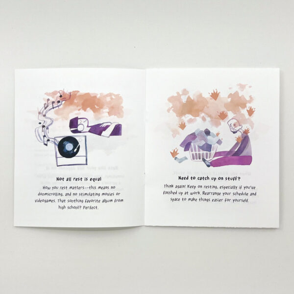 A two-page spread. On the left, a drawing of a person listening to music. Underneath it says: Not all rest is equal. On the right is a person frustrated and seated in front of a laundry basket. Underneath the text says, need to catch up on stuff?