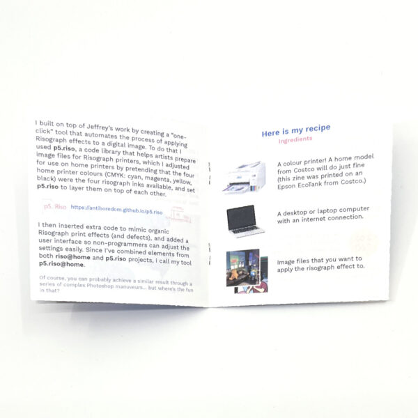 A two-page spread from the zine. A wall of text on the left page, and a recipe page on the right page that shows a printer, a laptop and two photos.