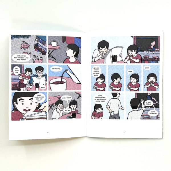 A two-page spread from the comic showing a child and her father eating at a dai pai dong.
