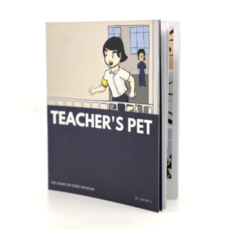 A comic standing on a white desk called Teacher's Pet. The cover shows a student running out of a room, while a teacher smiles from within the room in the background.