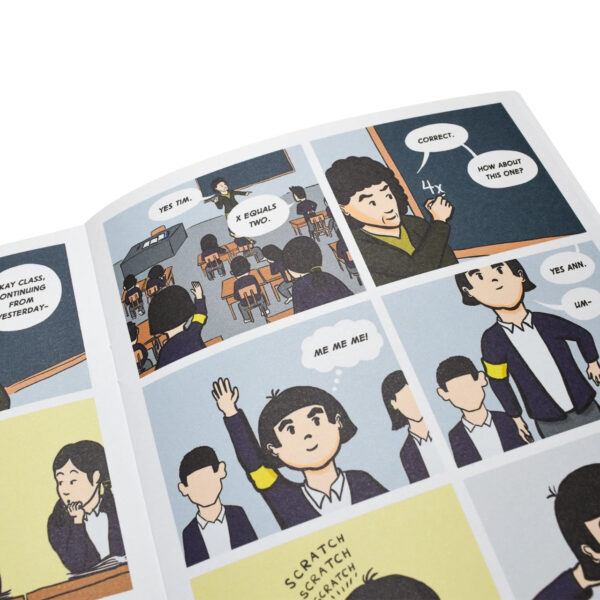 A close up of one of the pages showing a classroom scene.