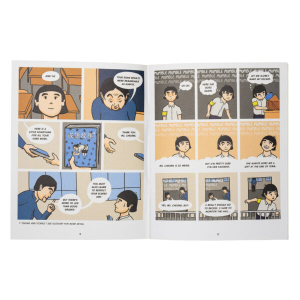 A two-page spread from the comic. In it, a teacher hands the student a gift, which is a book of sayings.